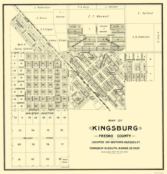 Historic City Map - Kingsburg California - Thomas 1892 - 23 x 24.10 - Vintage Wall Art