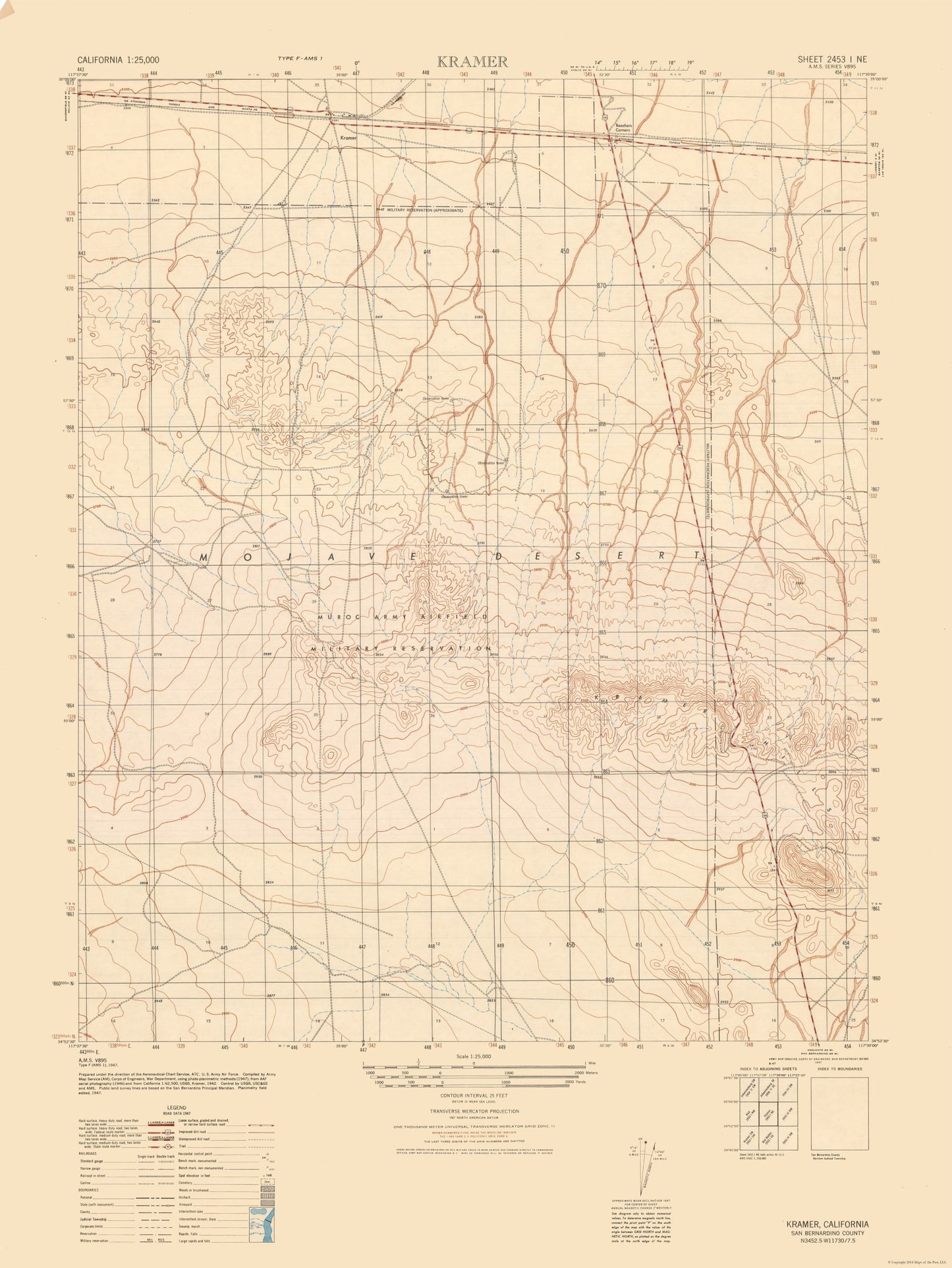 Topographical Map - Kramer Sheet - US Army 1947 - 23 x 30.63 - Vintage Wall Art