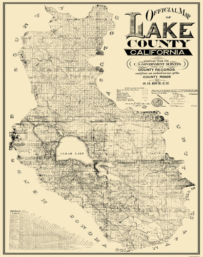 Historic County Map - Lake County California - Rice 1892 - 23 x 29.19 - Vintage Wall Art