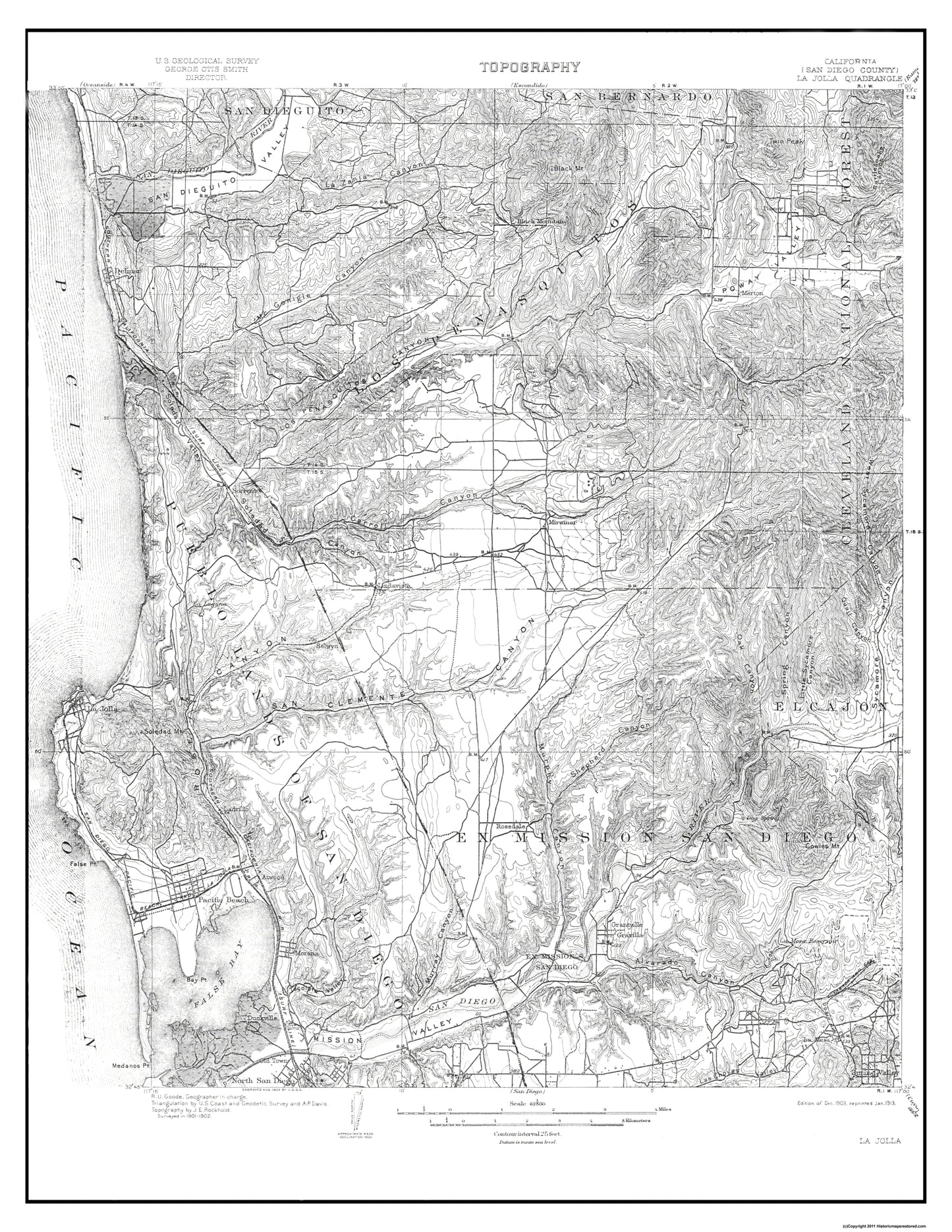 Topographical Map - La Jolla California Quad - USGS 1903 - 23 x 29.75 - Vintage Wall Art