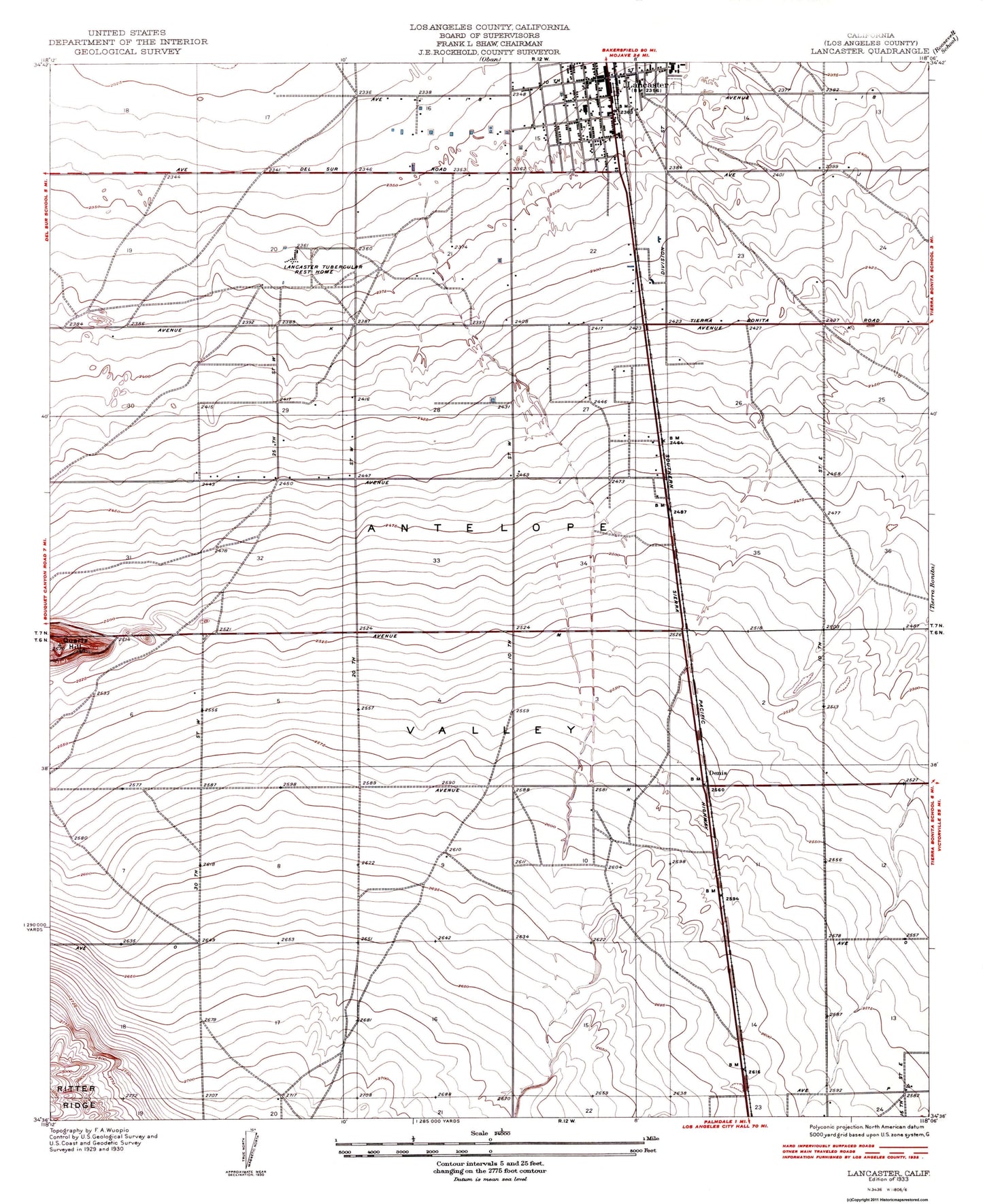 Topographical Map - Lancaster California Quad - USGS 1933 - 23 x 28.19 - Vintage Wall Art