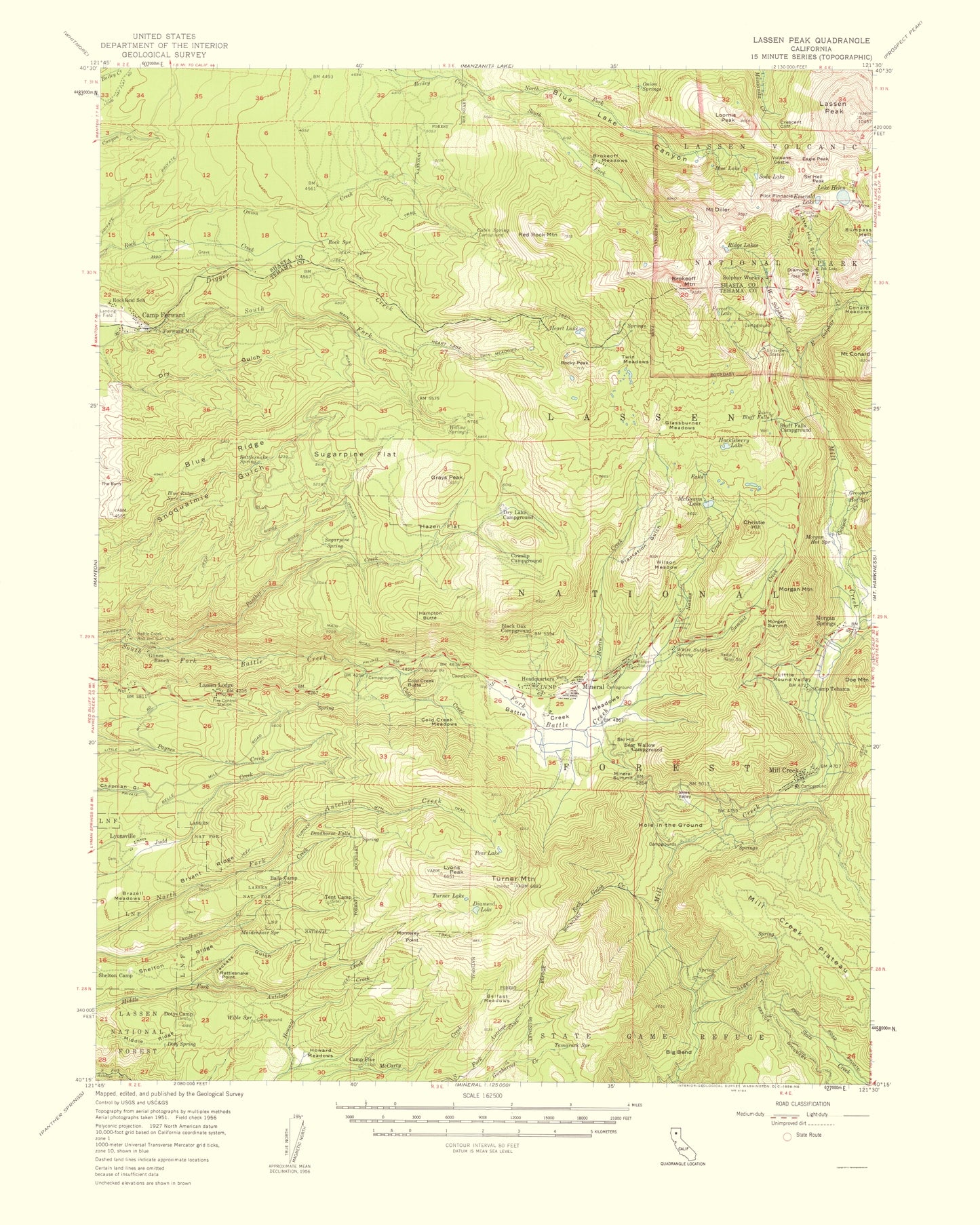 Topographical Map - Lassen Peak California Quad - USGS 1956 - 23 x 28.73 - Vintage Wall Art