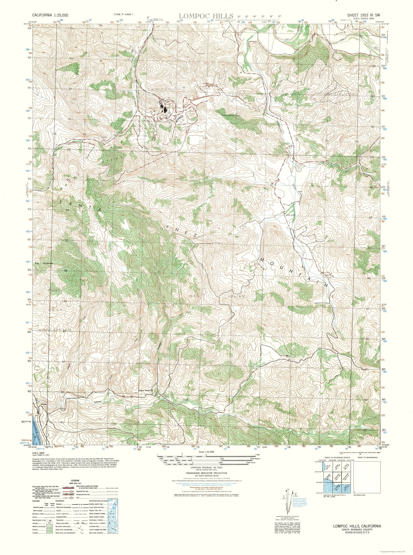 Topographical Map - Lompoc Hills Sheet - US Army 1947 - 23 x 30.91 - Vintage Wall Art