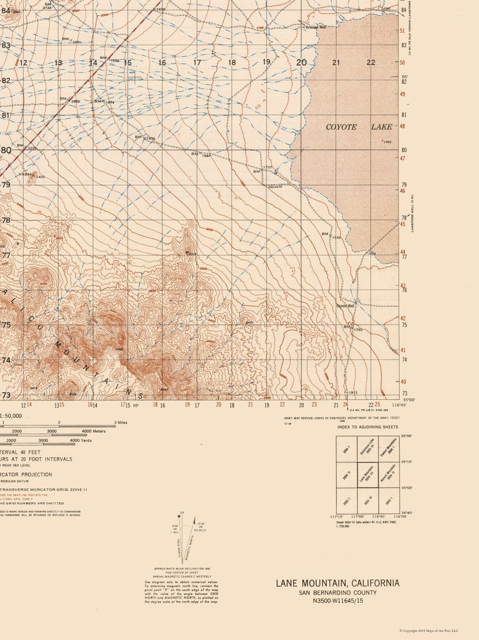 Topographical Map - Lane Mountain Sheet - US Army 1948 - 23 x 30.74 - Vintage Wall Art