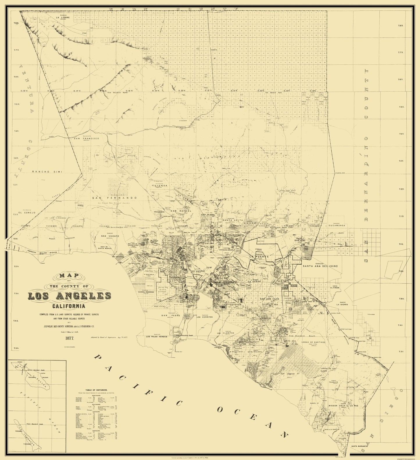 Historic County Map - Los Angeles County California - Wildy 1877 - 23 x 25.19 - Vintage Wall Art