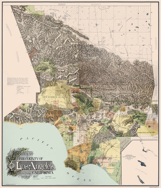 Historic County Map - Los Angeles County California - Wright 1898 - 23 x 26.81 - Vintage Wall Art