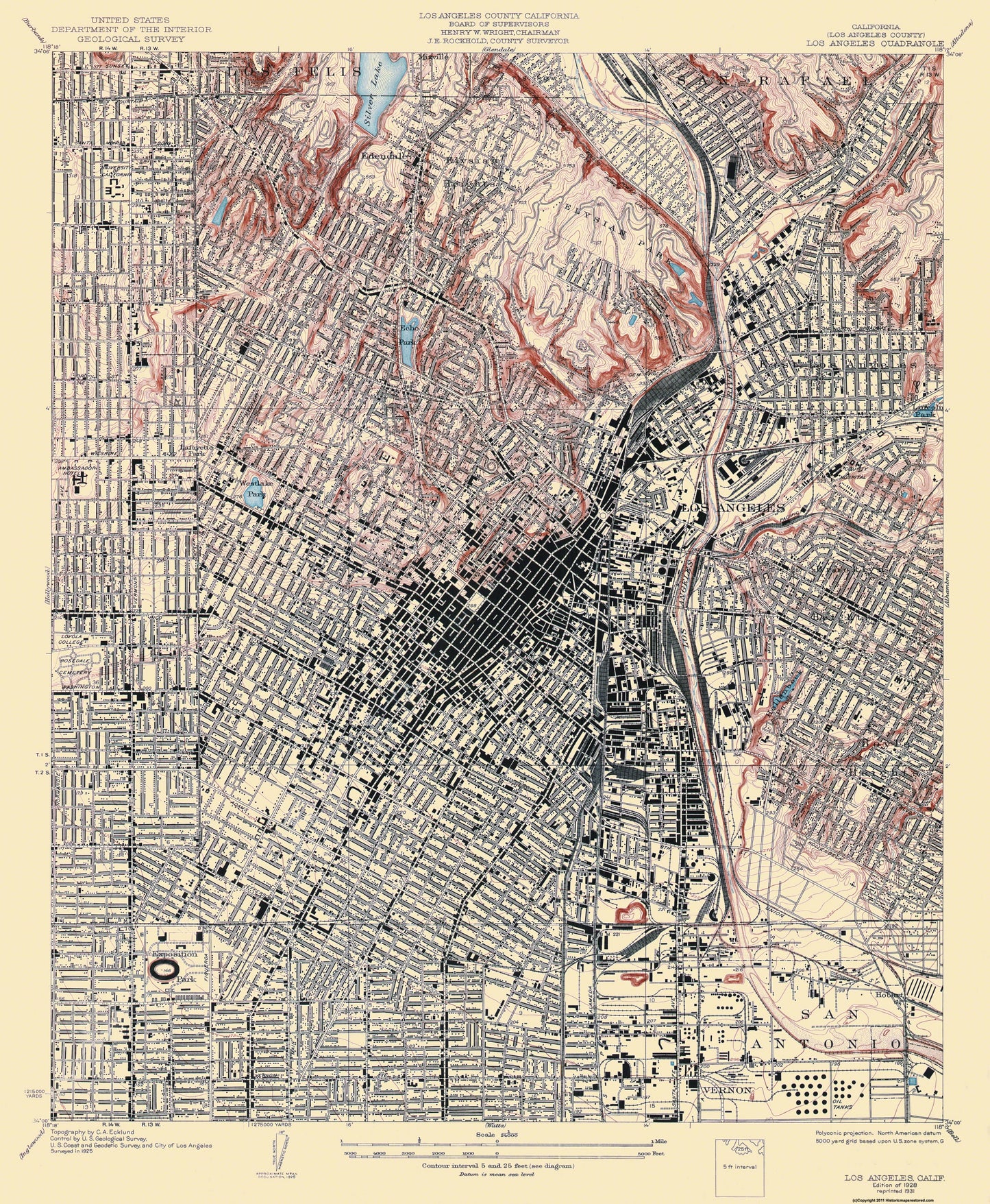 Topographical Map - Los Angeles California Quad - USGS 1928 - 23 x 27.94 - Vintage Wall Art