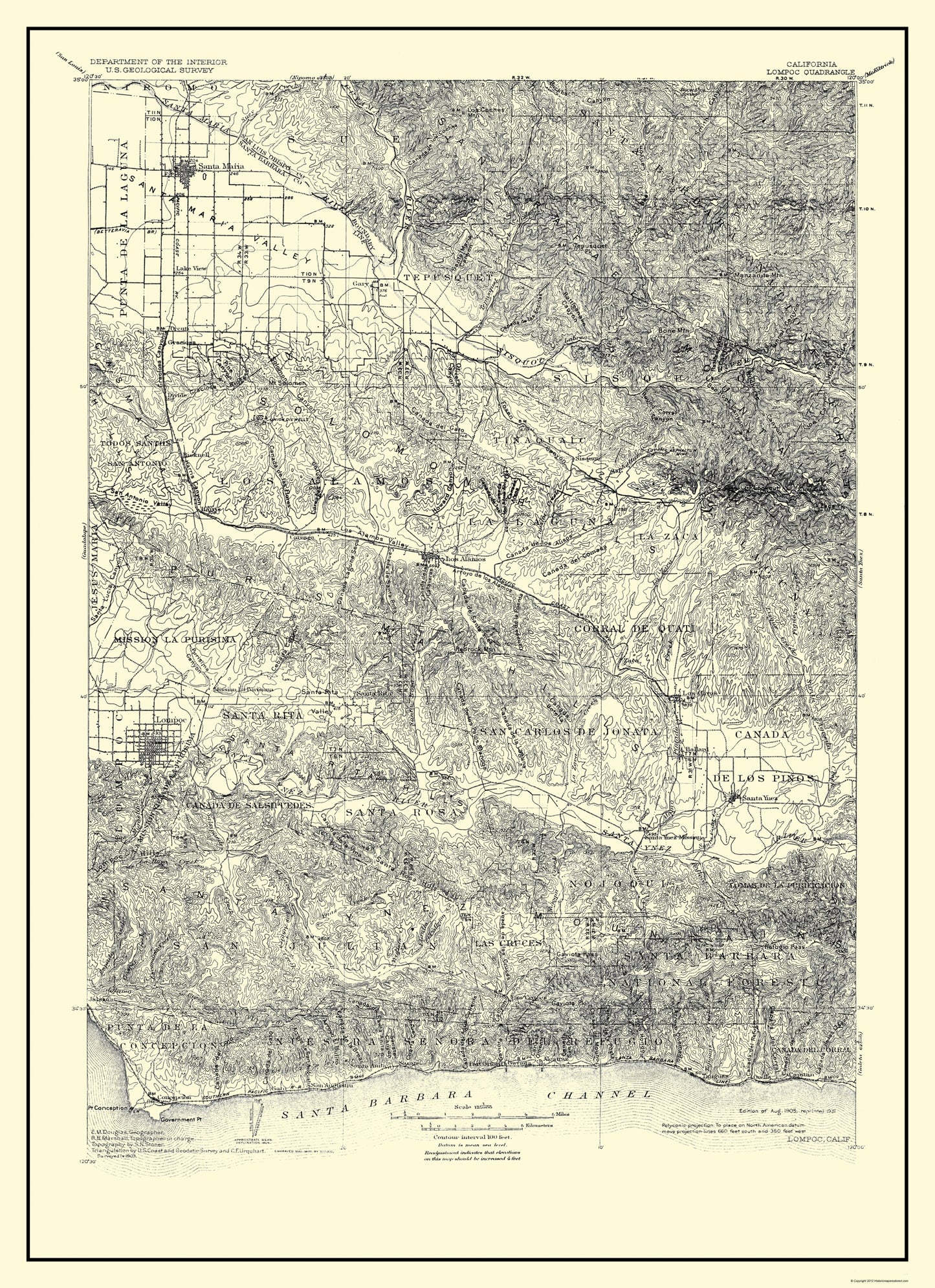 Topographical Map - Lompoc California Quad - USGS 1905 - 23 x 31.67 - Vintage Wall Art