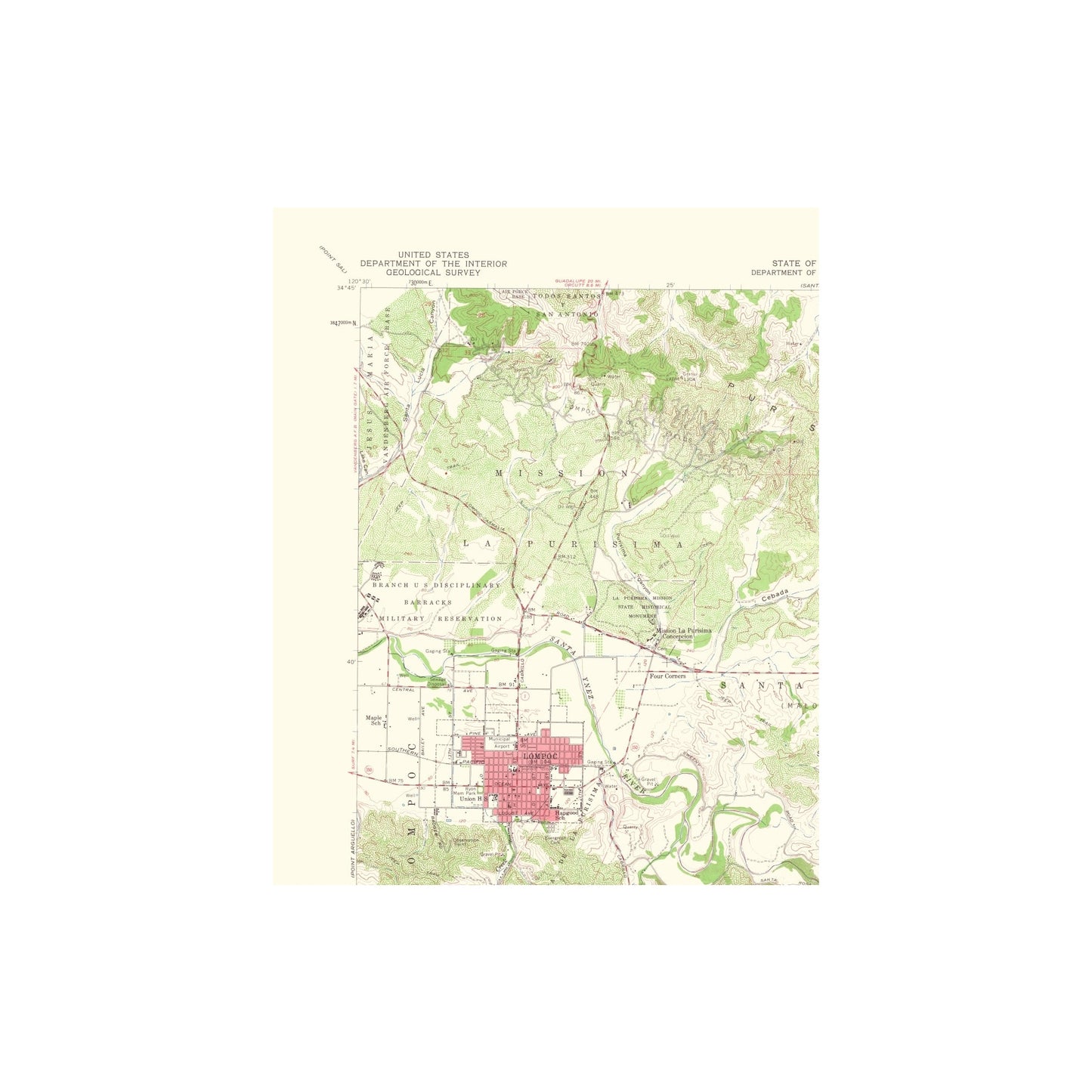 Topographical Map - Lompoc California Quad - USGS 1961 - 23 x 28.54 ...