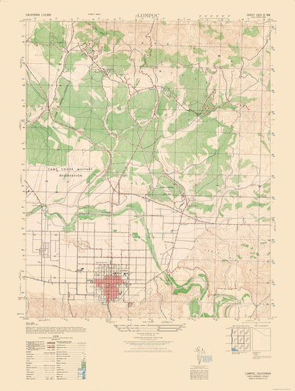 Topographical Map - Lompoc Sheet - US Army 1947 - 23 x 30.47 - Vintage Wall Art