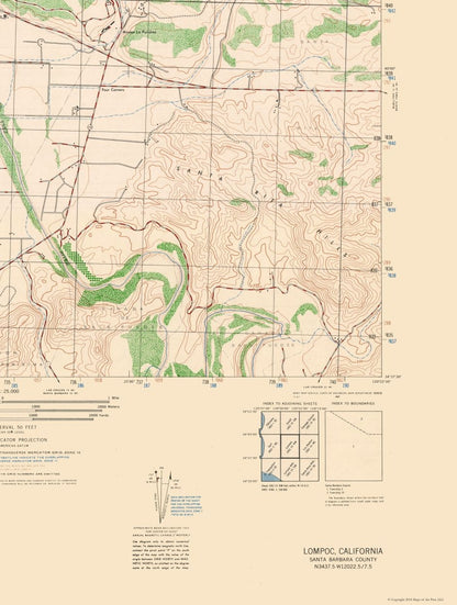 Topographical Map - Lompoc Sheet - US Army 1947 - 23 x 30.47 - Vintage Wall Art