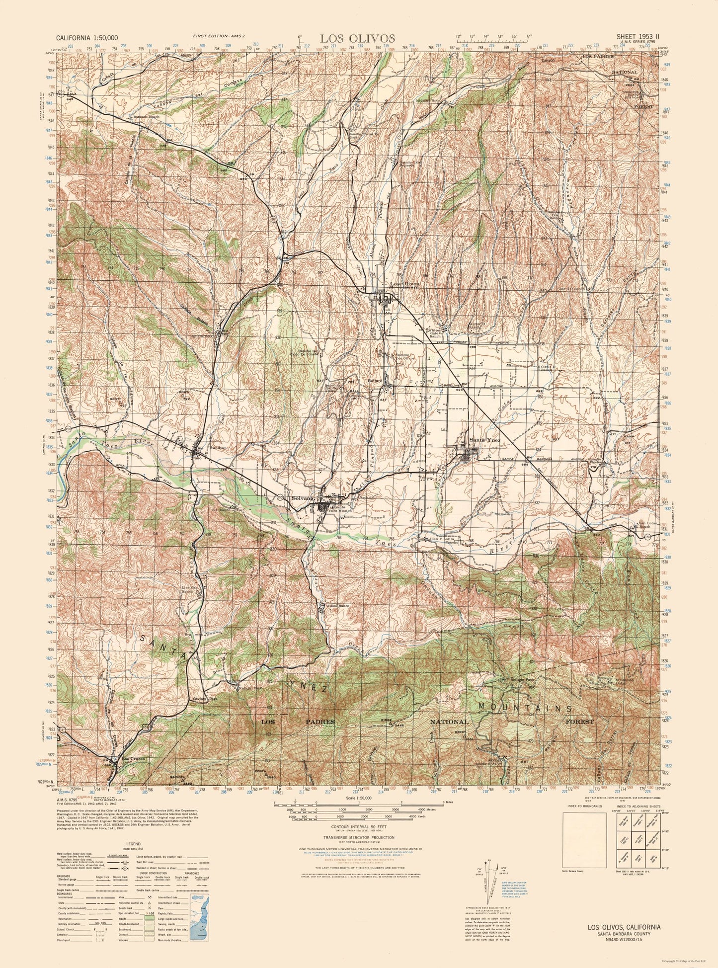 Topographical Map - Los Olivos Sheet - US Army 1942 - 23 x 31.01 - Vintage Wall Art