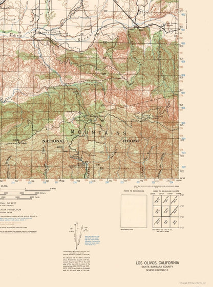 Topographical Map - Los Olivos Sheet - US Army 1942 - 23 x 31.01 - Vintage Wall Art