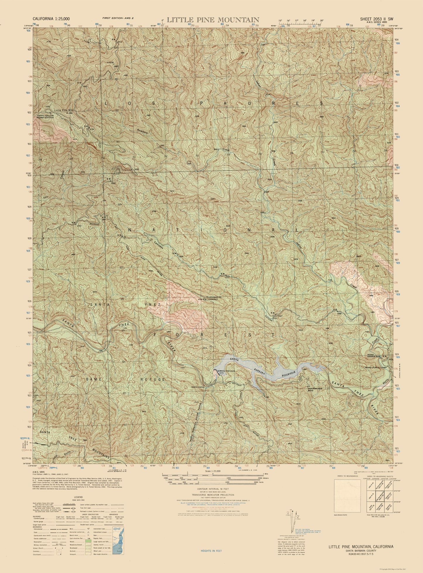 Topographical Map - Little Pine Mountain Sheet - US Army 1944 - 23 x 31.15 - Vintage Wall Art