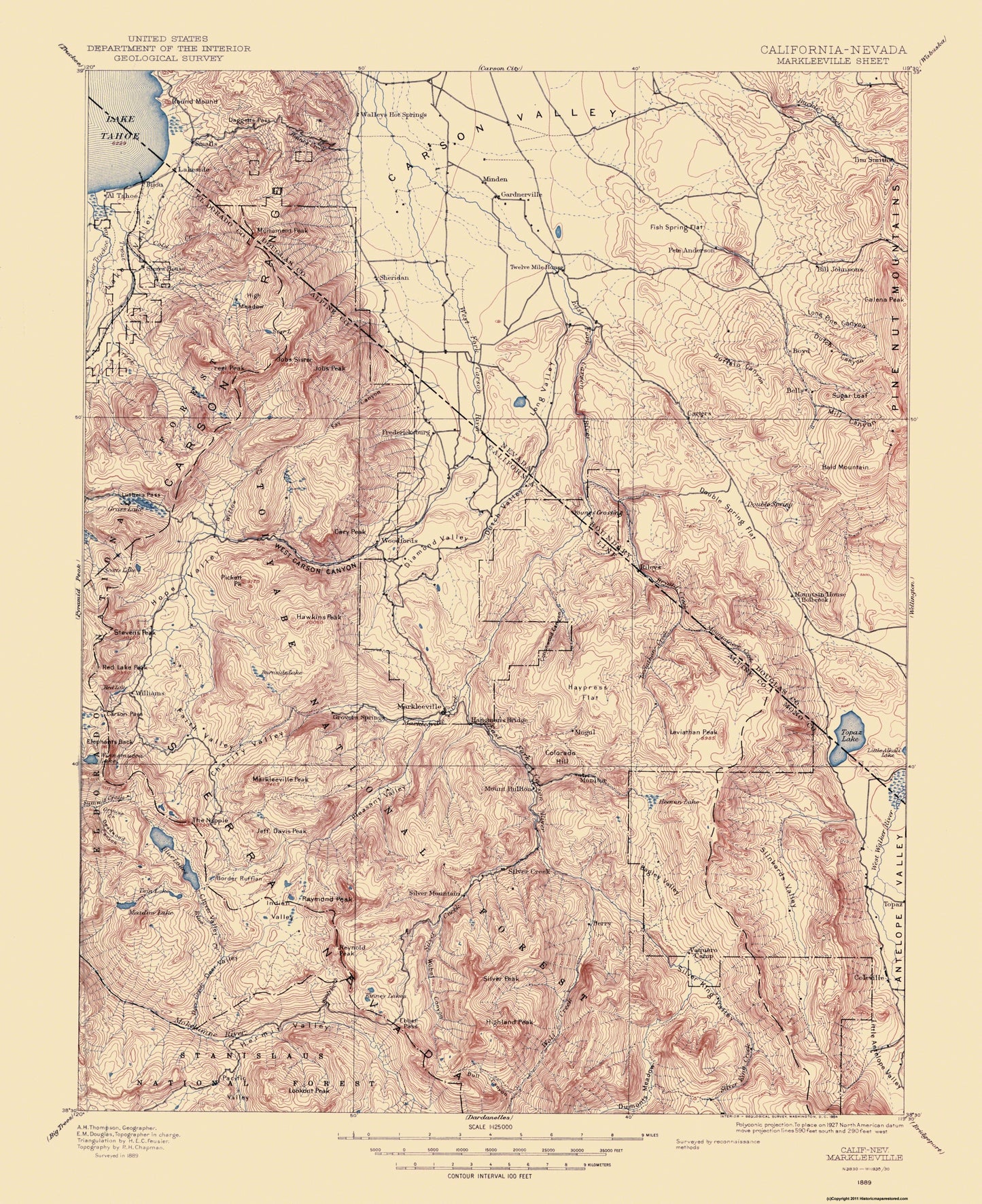 Topographical Map - Markleeville California Nevada Sheet - USGS 1889 - 23 x 28.19 - Vintage Wall Art