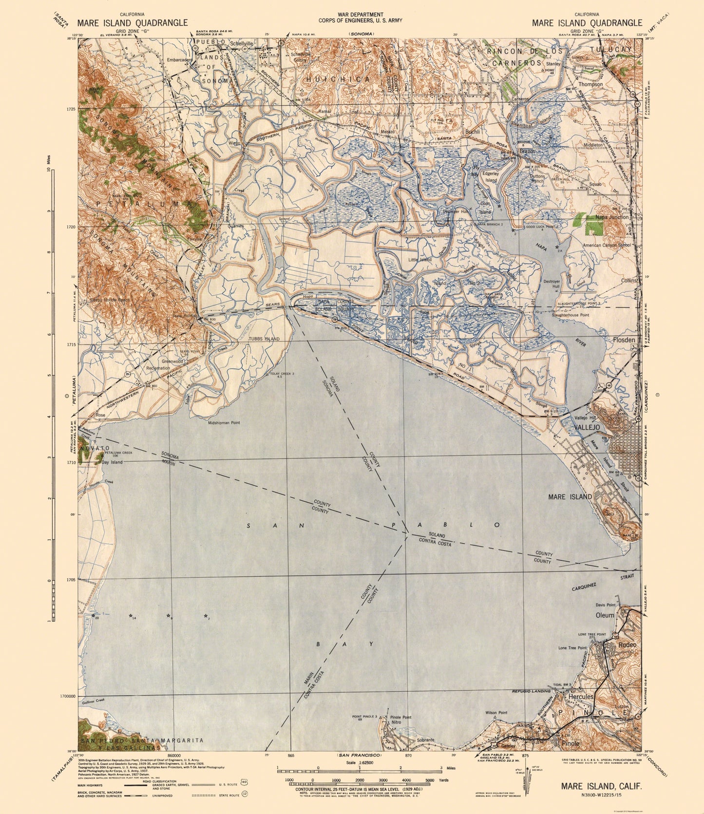 Topographical Map - Mare Island California Quad - US Army 1942 - 23 x 26.63 - Vintage Wall Art