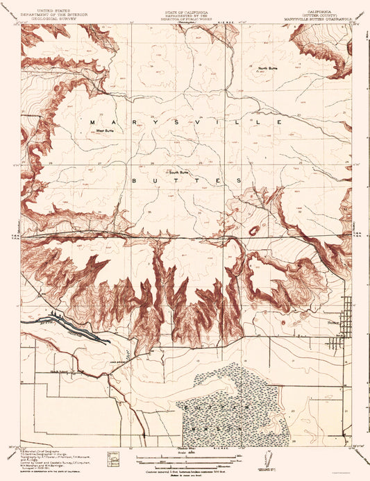 Topographical Map - Marysville Buttes California Quad - USGS 1912 - 23 x 29.90 - Vintage Wall Art