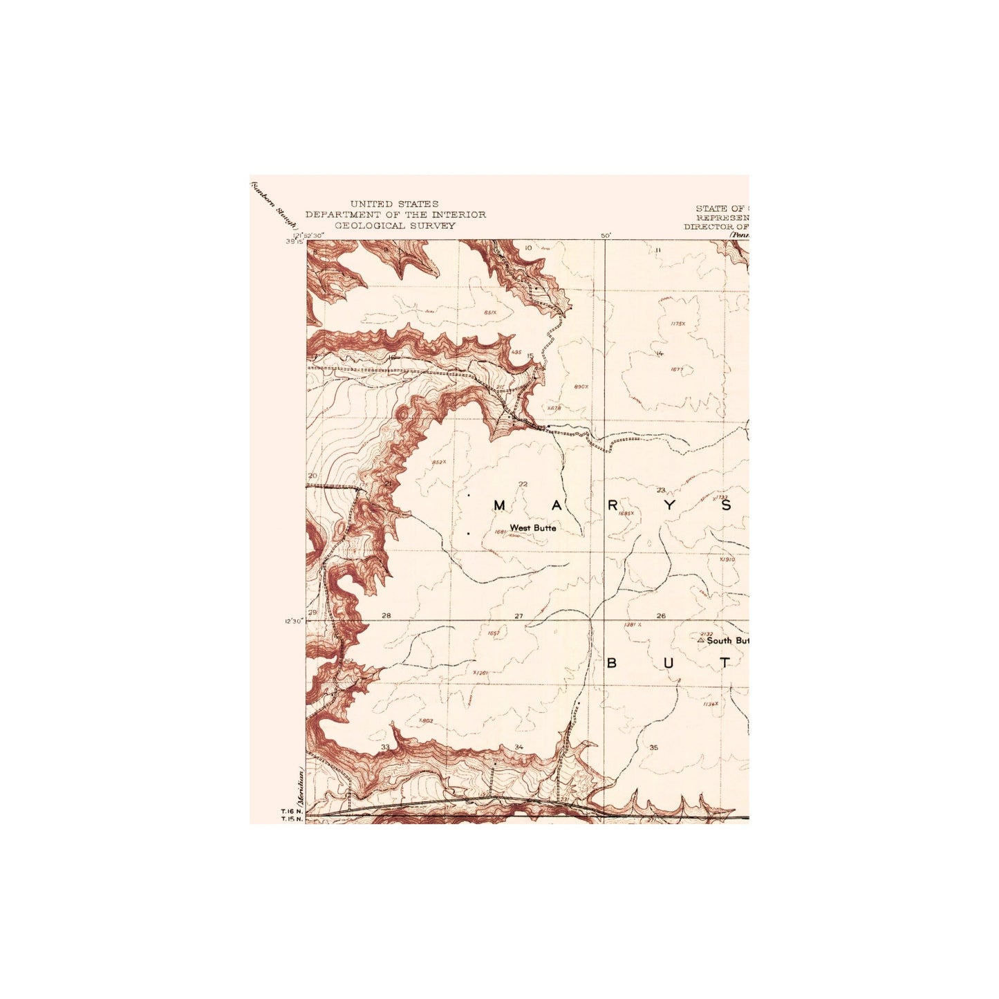Topographical Map - Marysville Buttes California Quad - USGS 1912 - 23 x 29.90 - Vintage Wall Art