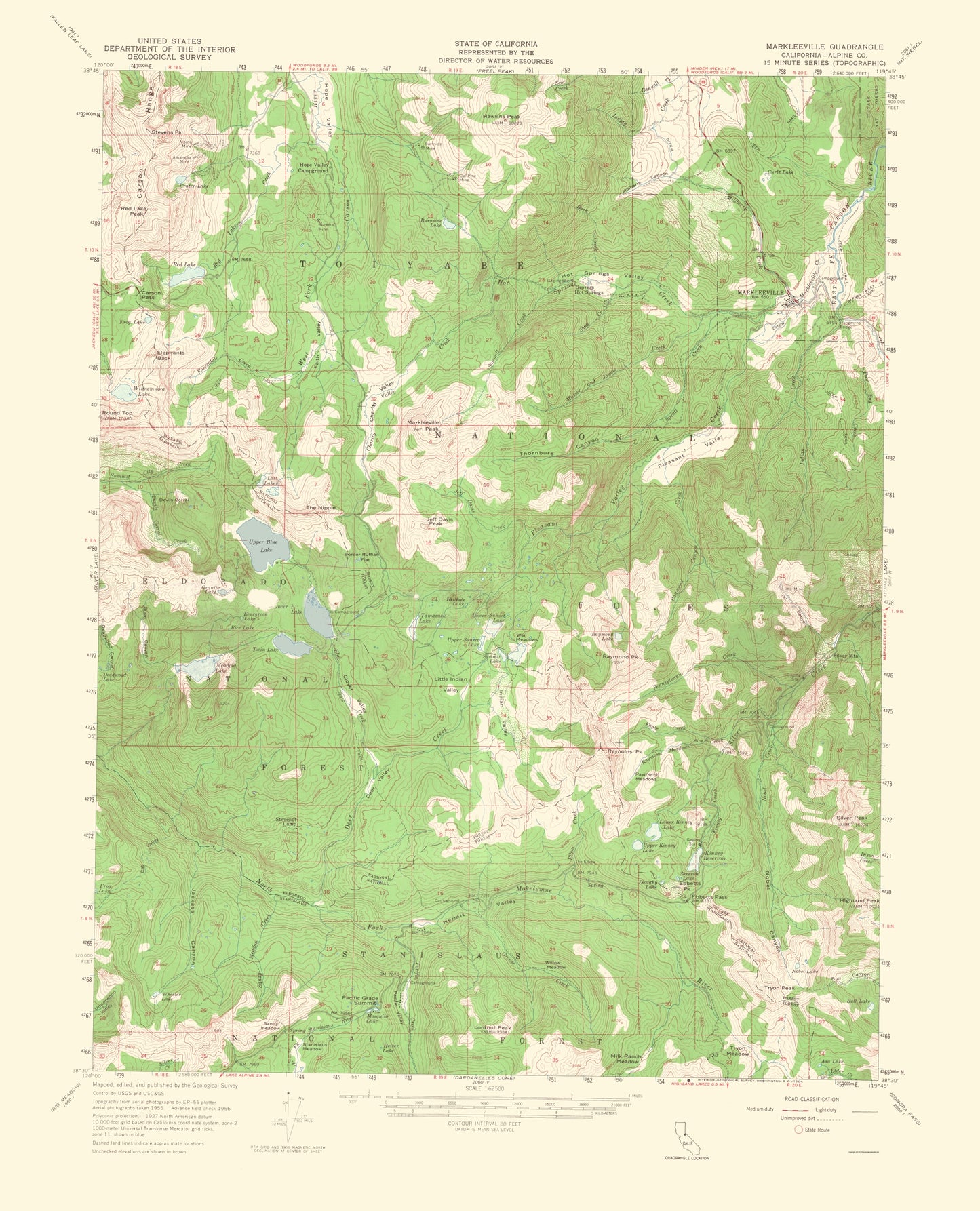 Topographical Map - Markleeville California Quad - USGS 1964 - 23 x 28.42 - Vintage Wall Art