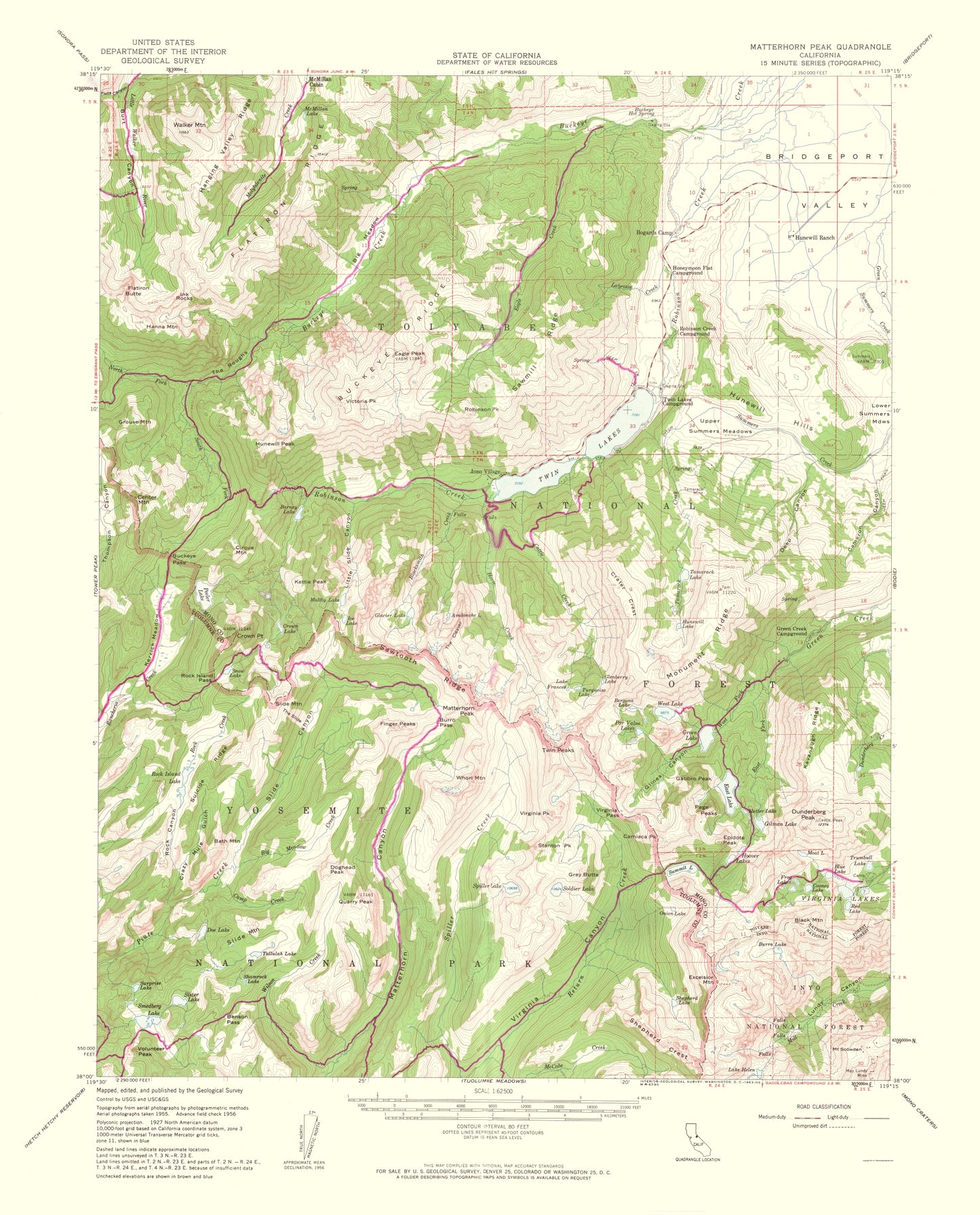 Topographical Map - Matterhorn Peak California Quad - USGS 1963 - 23 x 28.50 - Vintage Wall Art