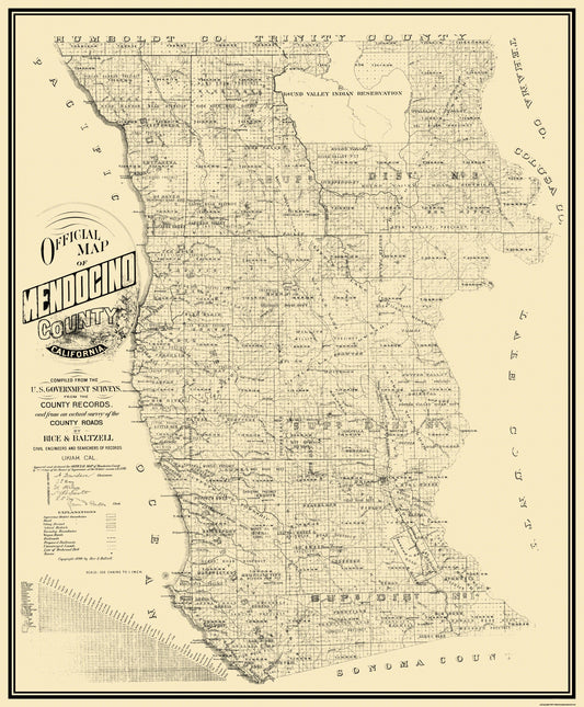 Historic County Map - Mendocino County California - Rice 1890 - 23 x 27.81 - Vintage Wall Art