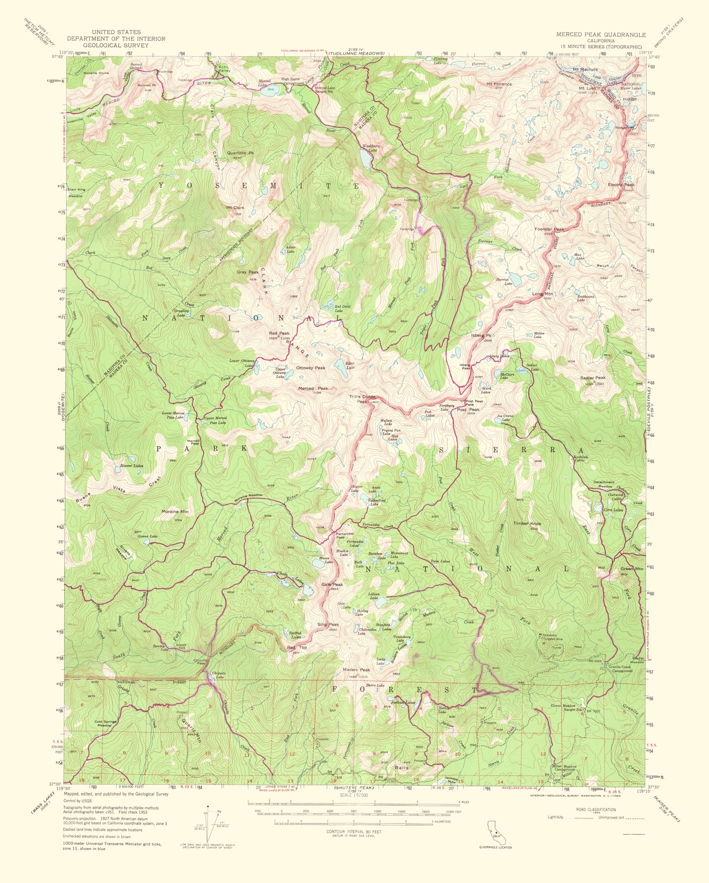 Topographical Map - Merced Peak California Quad - USGS 1964 - 23 x 28.62 - Vintage Wall Art