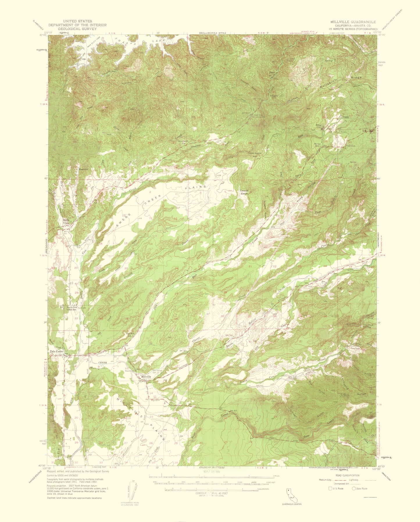 Topographical Map - Millville California Quad - USGS 1961 - 23 x 28.62 - Vintage Wall Art