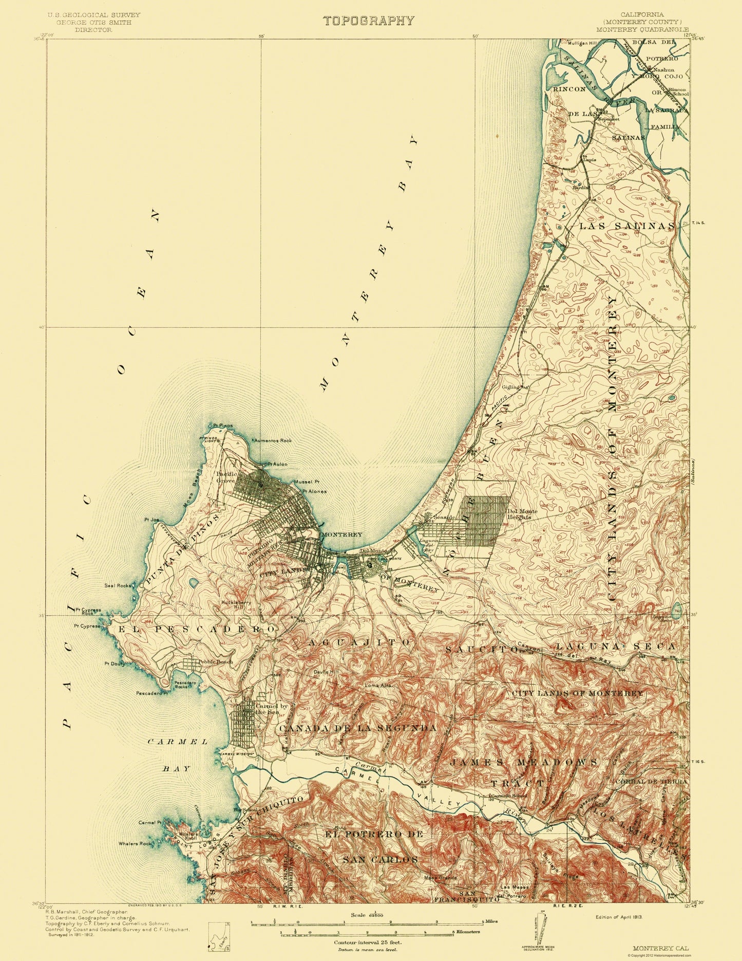 Topographical Map - Monterey California Quad - USGS 1913 - 23 x 29.76 - Vintage Wall Art