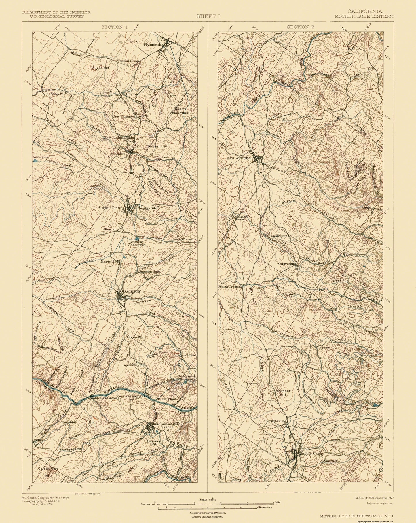 Topographical Map - Mother Lode District California 2 of 2 Sheet - USGS 1899 - 23 x 28.88 - Vintage Wall Art