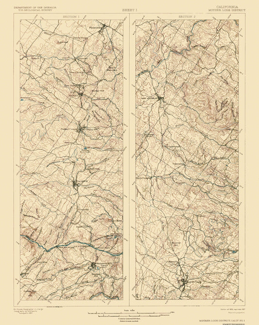 Topographical Map - Mother Lode District California 2 of 2 Sheet - USGS 1899 - 23 x 28.88 - Vintage Wall Art