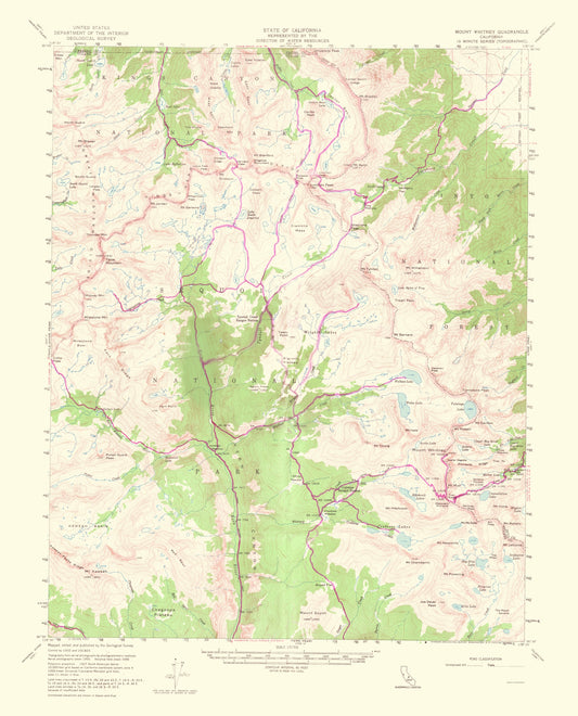 Topographical Map - Mt Whitney California Quad - USGS 1964 - 23 x 28.48 - Vintage Wall Art