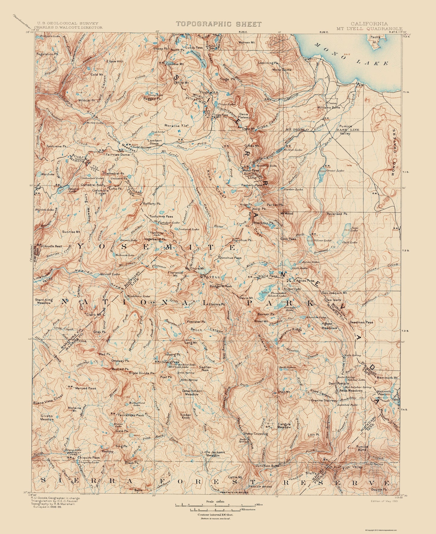 Topographical Map - Mt Lyell California Quad - Marshall 1901 - 23 x 28.18 - Vintage Wall Art