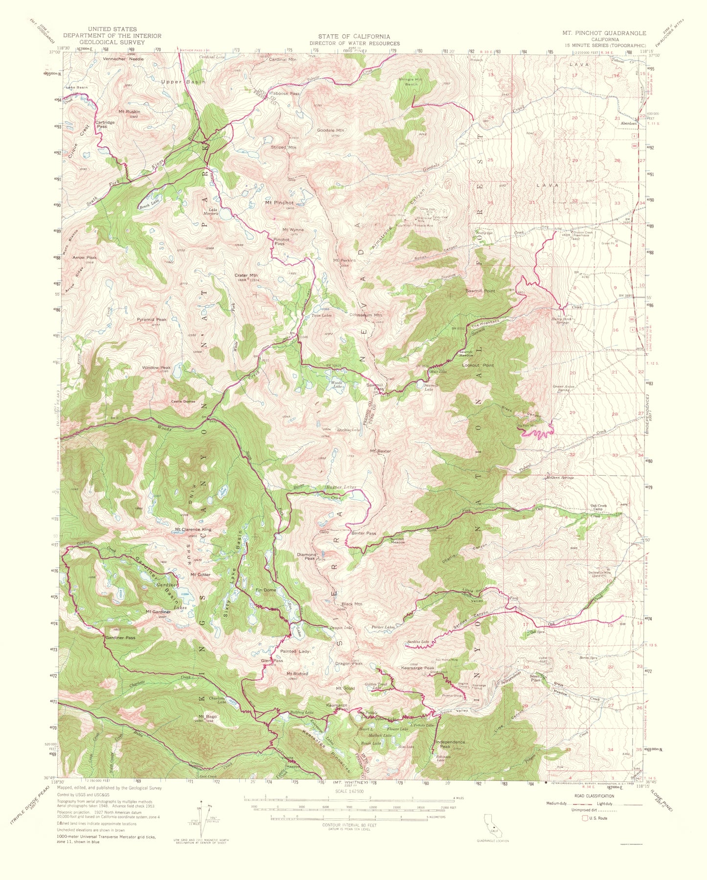 Topographical Map - Mt Pinchot California Quad - USGS 1953 - 23 x 28.62 - Vintage Wall Art