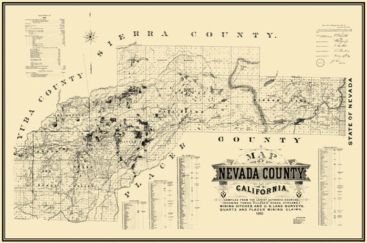 Historic Mine Map - Nevada County California - Hartwell 1880 - 23 x 34.69 - Vintage Wall Art