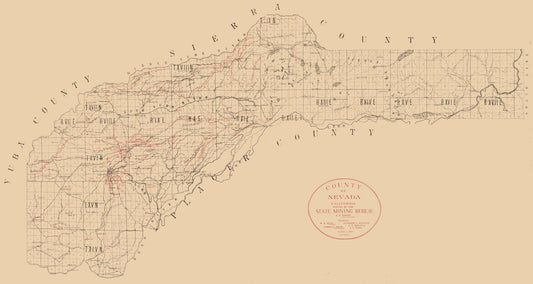 Historic Mine Map - Nevada County California Mining - 1909 - 43.14 x 23 - Vintage Wall Art