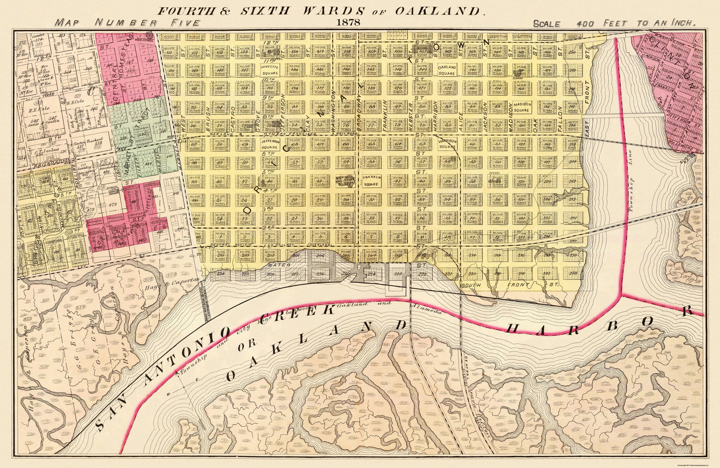 Historic City Map - Oakland 4th And 6th Wards California - Thompson 1878 - 35.38 x 23 - Vintage Wall Art