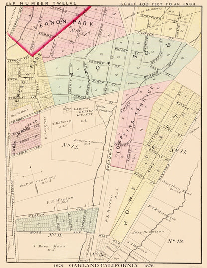 Historic City Map - Oakland California Twelveth Ward - Thompson 1878 - 23 x 29.75 - Vintage Wall Art