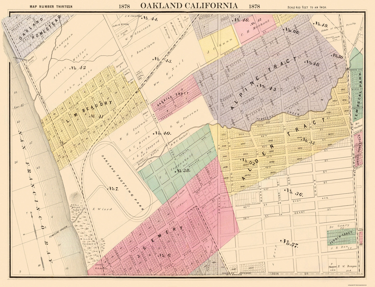 Historic City Map - Oakland California Thirteenth Ward - Thompson 1878 - 30 x 23 - Vintage Wall Art