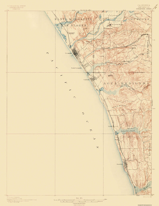 Topographical Map - Oceanside California Sheet - USGS 1901 - 23 x 29.75 - Vintage Wall Art