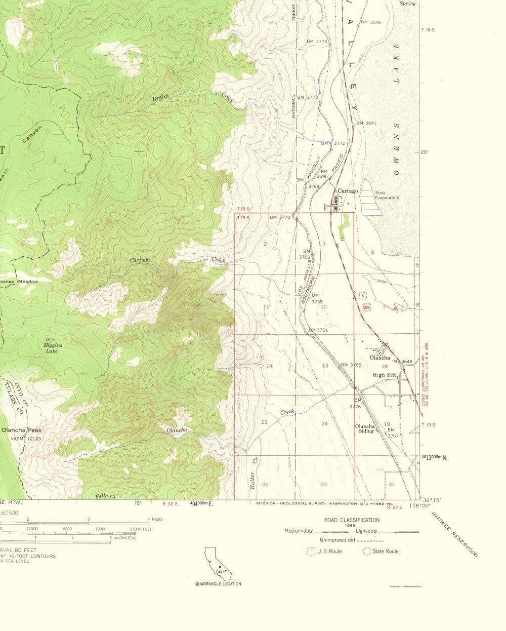 Topographical Map - Olancha California Quad - USGS 1963 - 23 x 28.67 - Vintage Wall Art