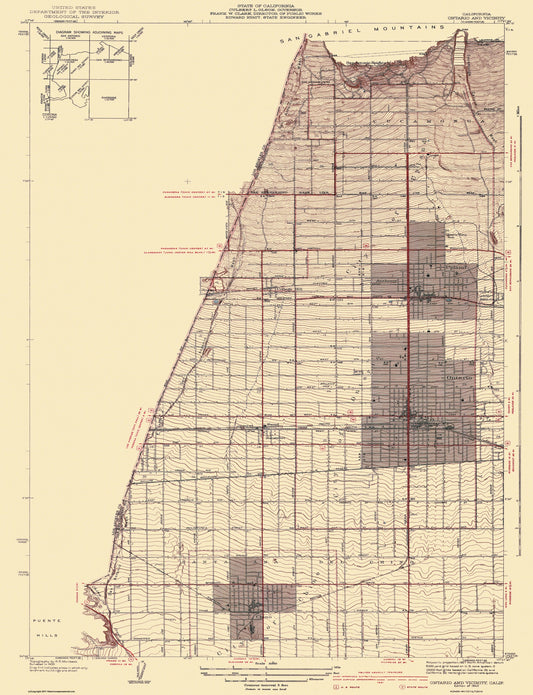 Topographical Map - Ontario Vicinity California - USGS 1942 - 23 x 30 - Vintage Wall Art