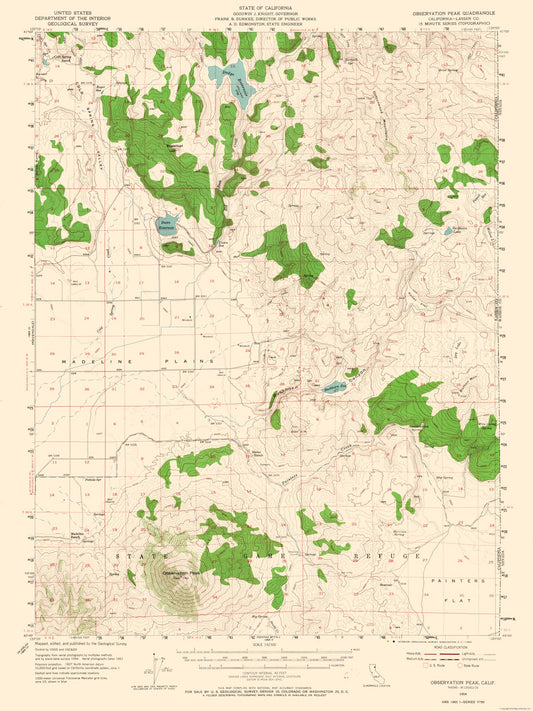 Topographical Map - Observation Peak California Quad - USGS 1954 - 23 x 30.66 - Vintage Wall Art