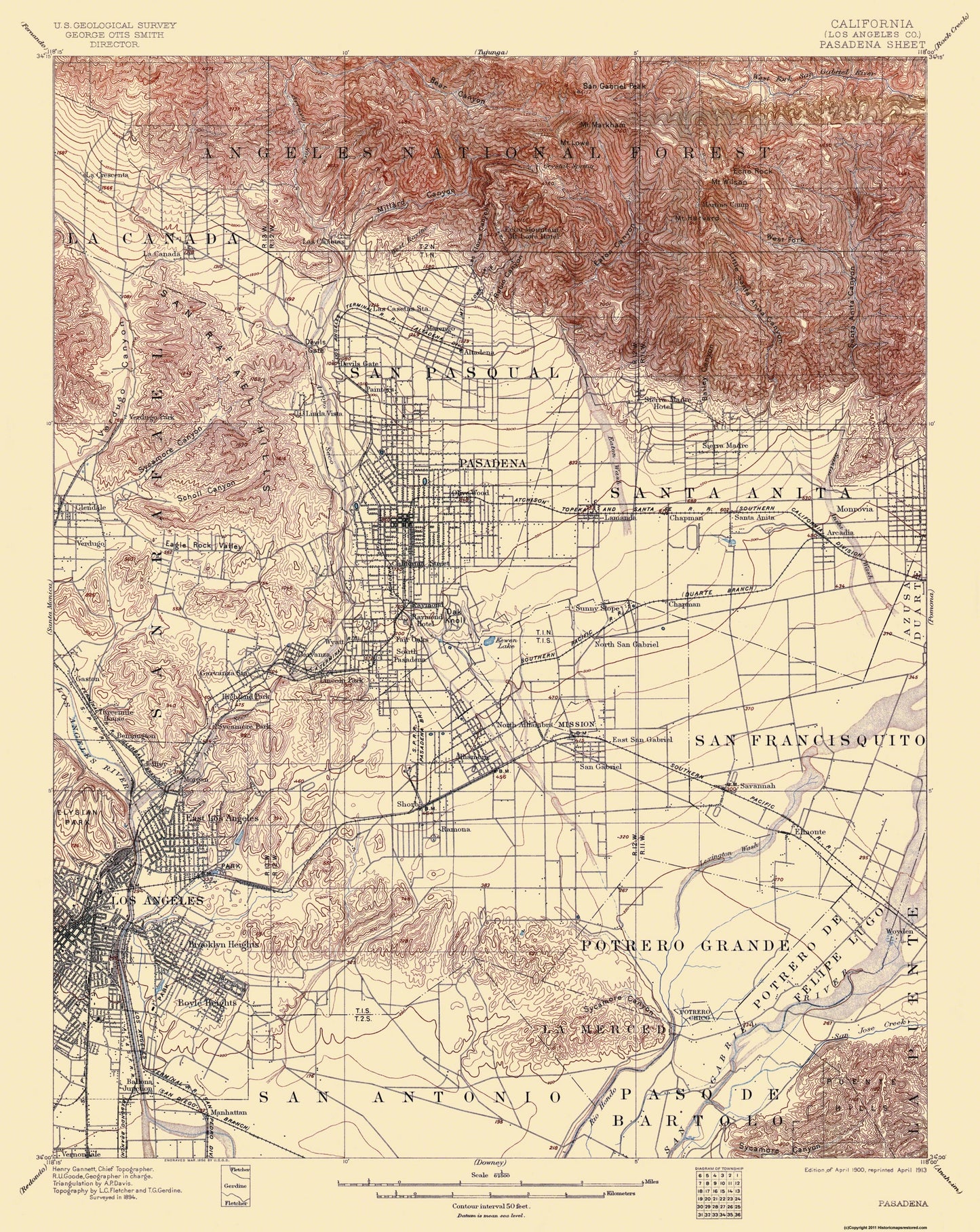 Topographical Map - Pasadena California Quad - USGS 1900 - 23 x 28.91 - Vintage Wall Art