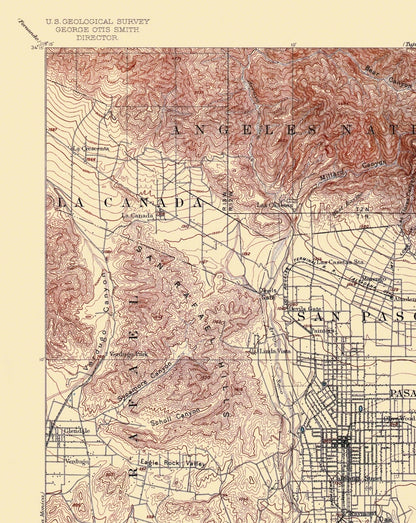 Topographical Map - Pasadena California Quad - USGS 1900 - 23 x 28.91 - Vintage Wall Art