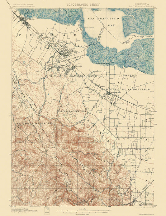 Topographical Map - Palo Alto California Quad - USGS 1899 - 28.94 x 23 - Vintage Wall Art