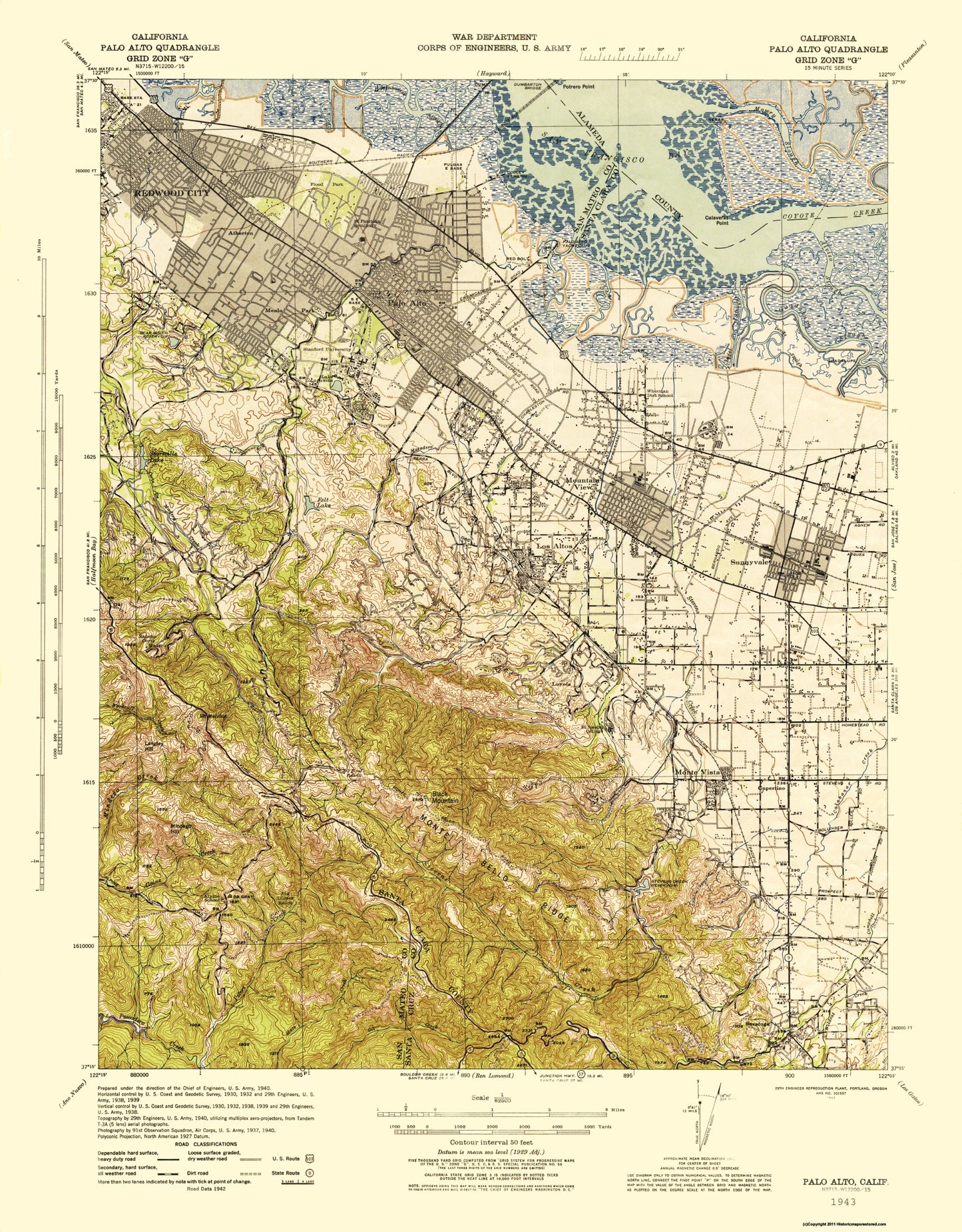 Topographical Map - Palo Alto California Quad - USGS 1943 - 23 x 29.75 - Vintage Wall Art