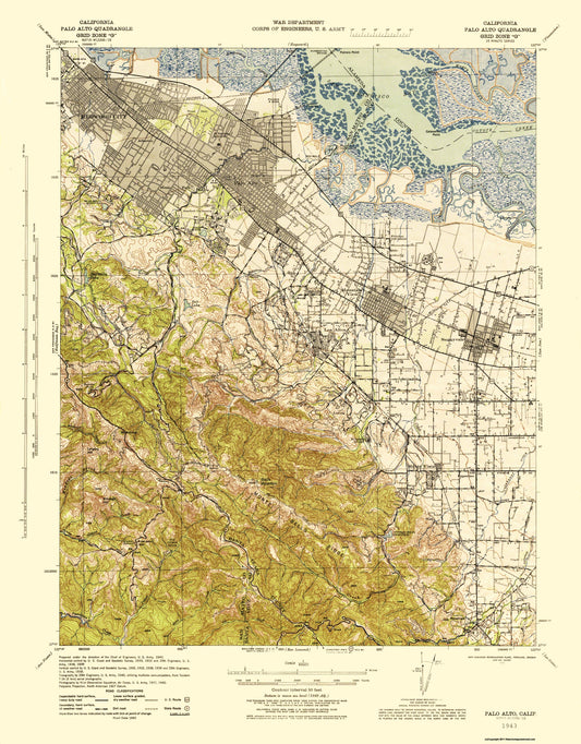 Topographical Map - Palo Alto California Quad - USGS 1943 - 23 x 29.75 - Vintage Wall Art