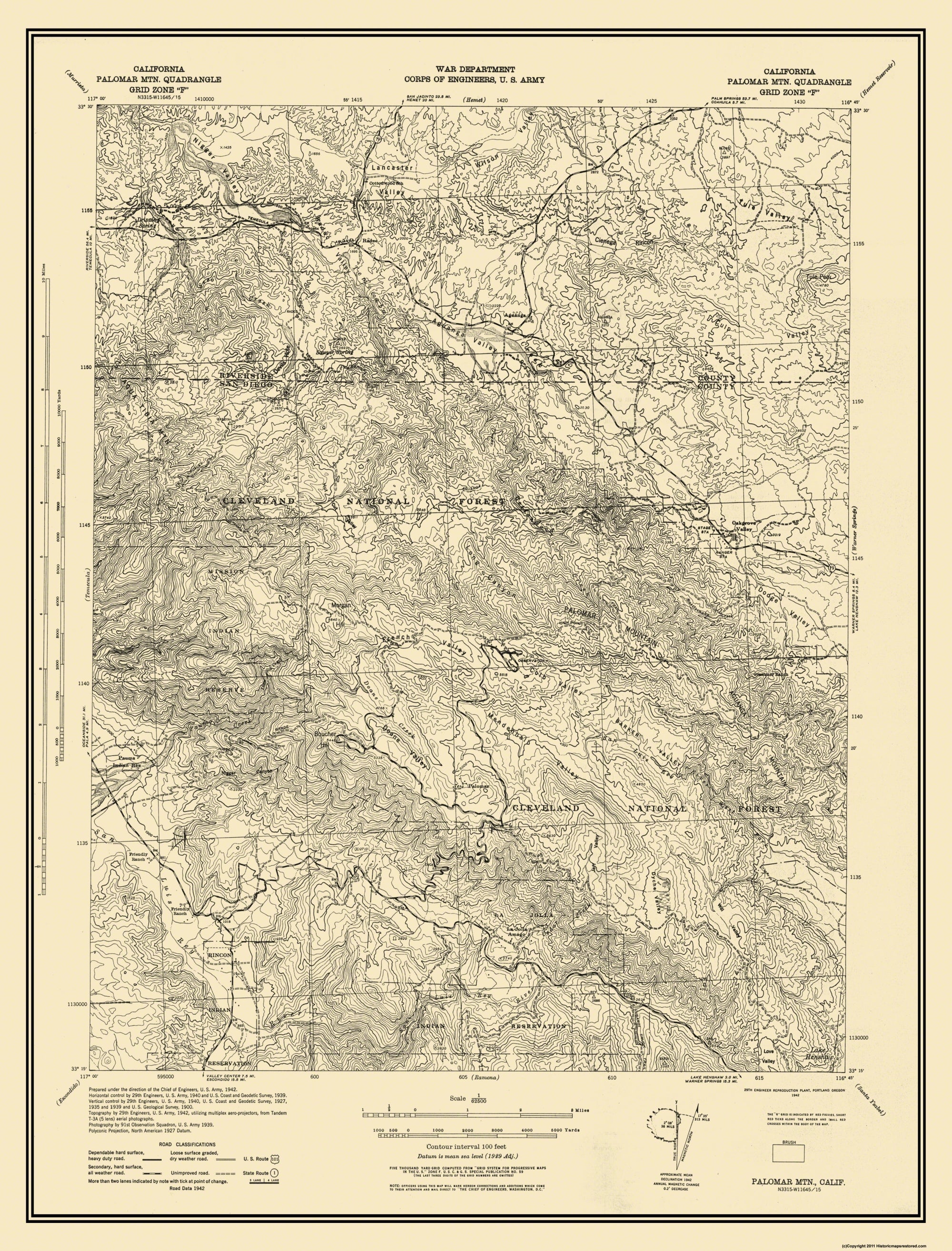 Topographical Map - Mt Palomar California Quad - USGS 1942 - 23 x 29.3 ...