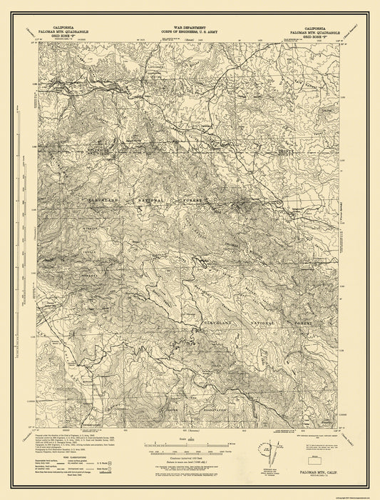 Topographical Map - Mt Palomar California Quad - USGS 1942 - 23 x 29.31 - Vintage Wall Art