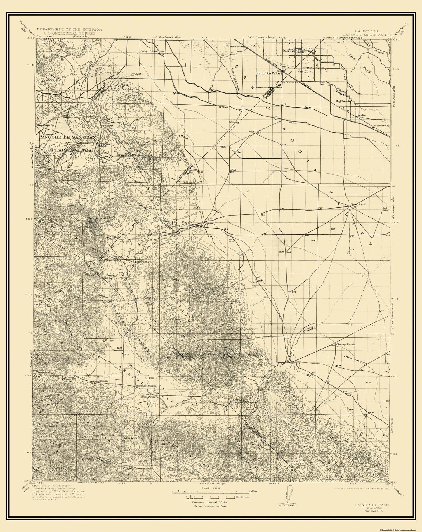 Topographical Map - Panoche California Quad - USGS 1913 - 23 x 28.94 - Vintage Wall Art
